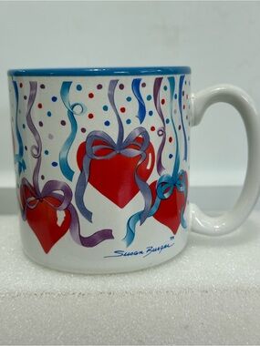 Hearts & Streamers Mug, Blue Inside- 10 oz, 3.5” h x 3.25” w, Wide Handle